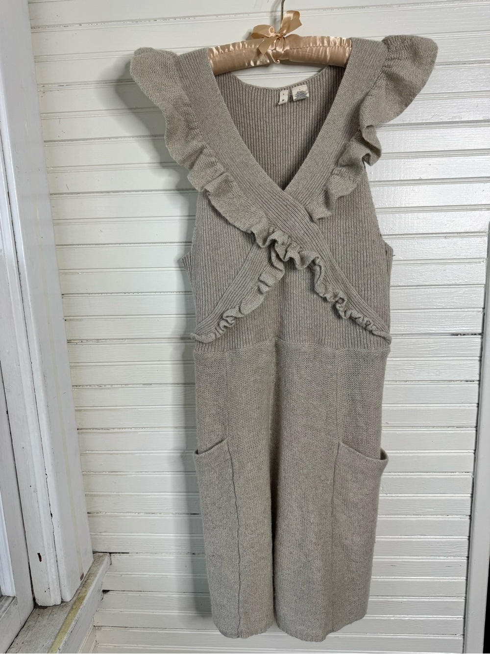 Moth by Anthropologie Oatmeal Linen Blend Knit Ruffle Dress Size L